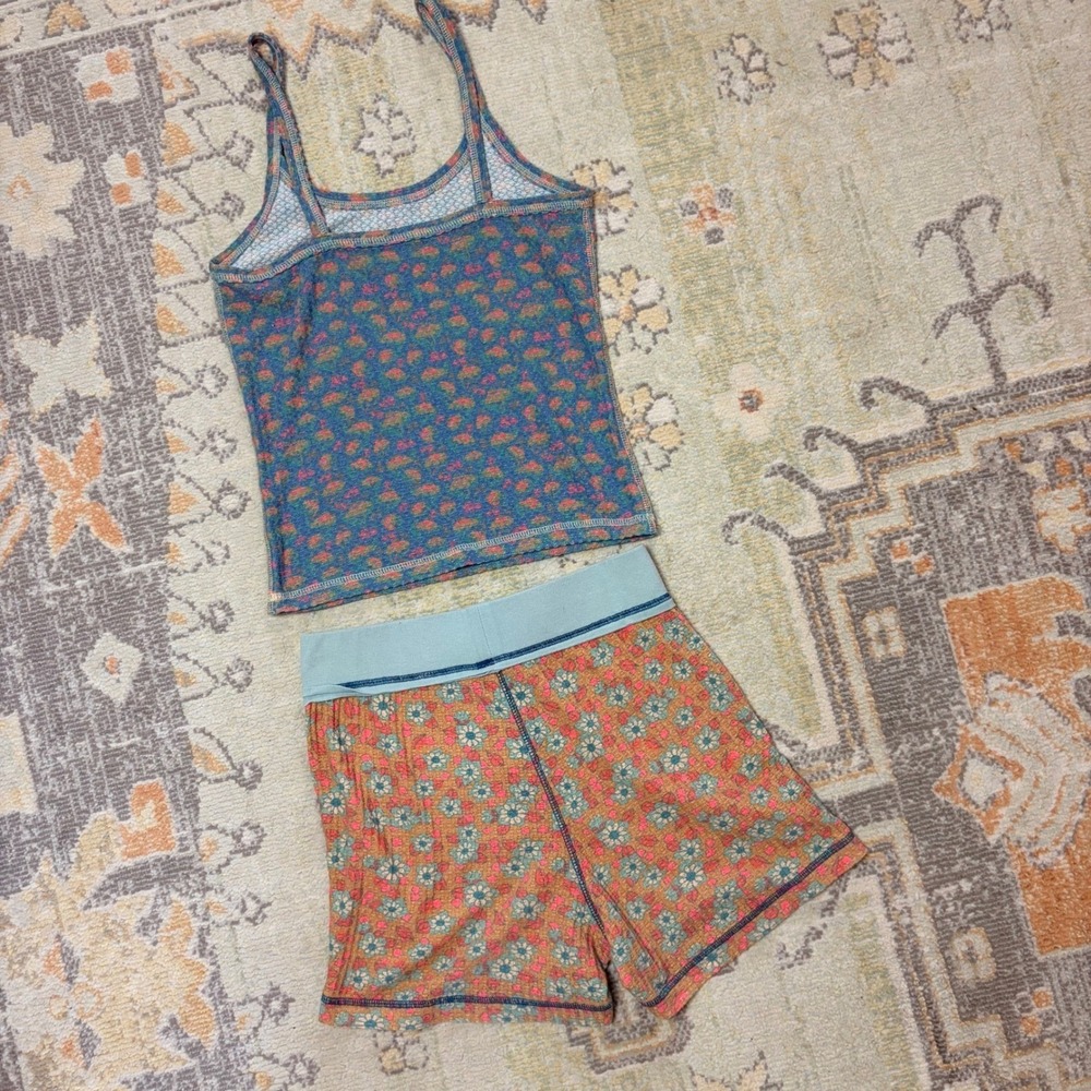 Natural Life Pajama Set Waffle Knit Floral Cami and Shorts Blue Orange NWT - Picture 4 of 11